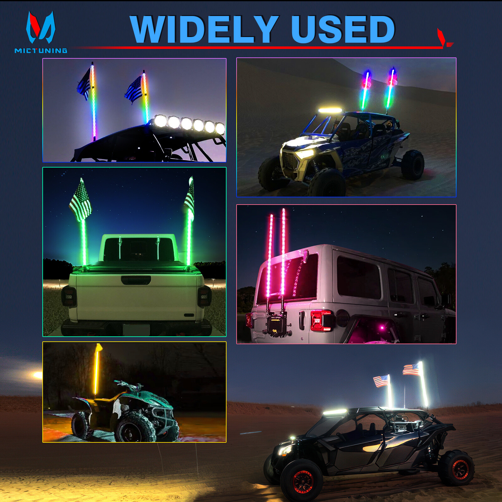 1Pair 3ft/4ft RGB-IC LED Whip Lights 360° Antenna Flow Lamp w/Remote For UTV ATV