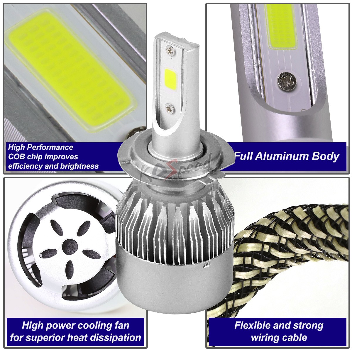 2x White LED H7 6000K 50000 Hours Life/ Replacement Headlight Bulbs +Cool Fan