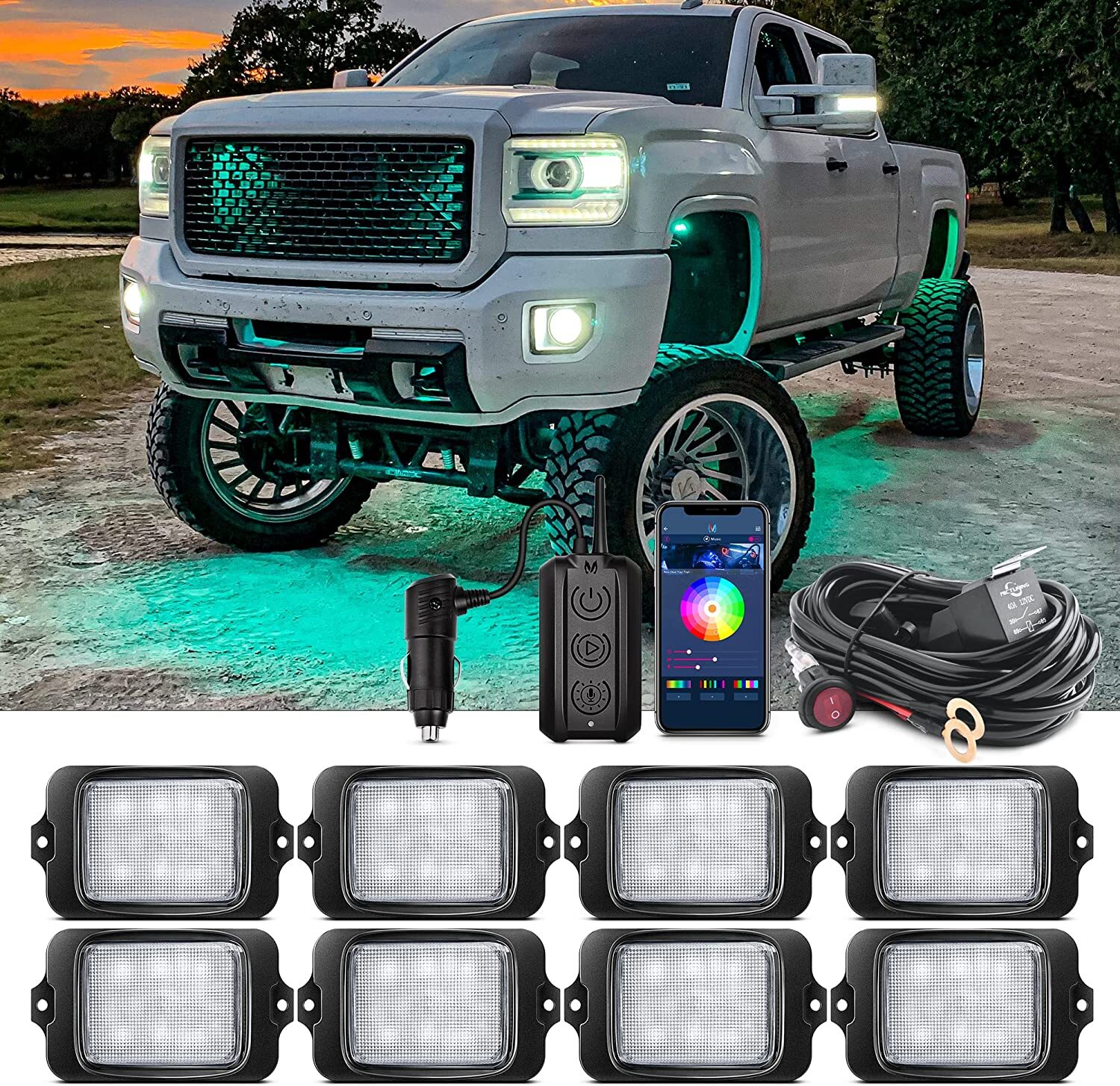 C3 Extensible RGBW LED Rock Lights, 4-24 Pods Wireless Control Underglow Lights
