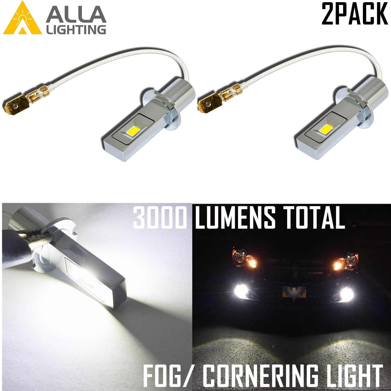 Alla Lighting H3 LED Fog Light Bulb Driving Lamp Direct 6000K Xenon Replacement