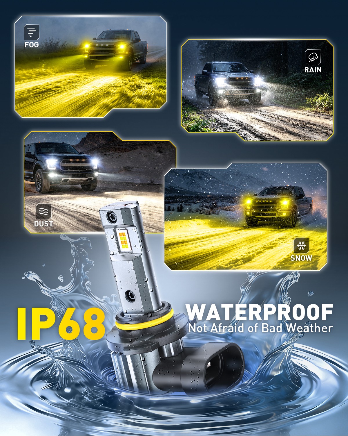 9006 HB4 Headlight Light Bulbs Low Beam 6500K White&3000K Amber Yellow 50000LM