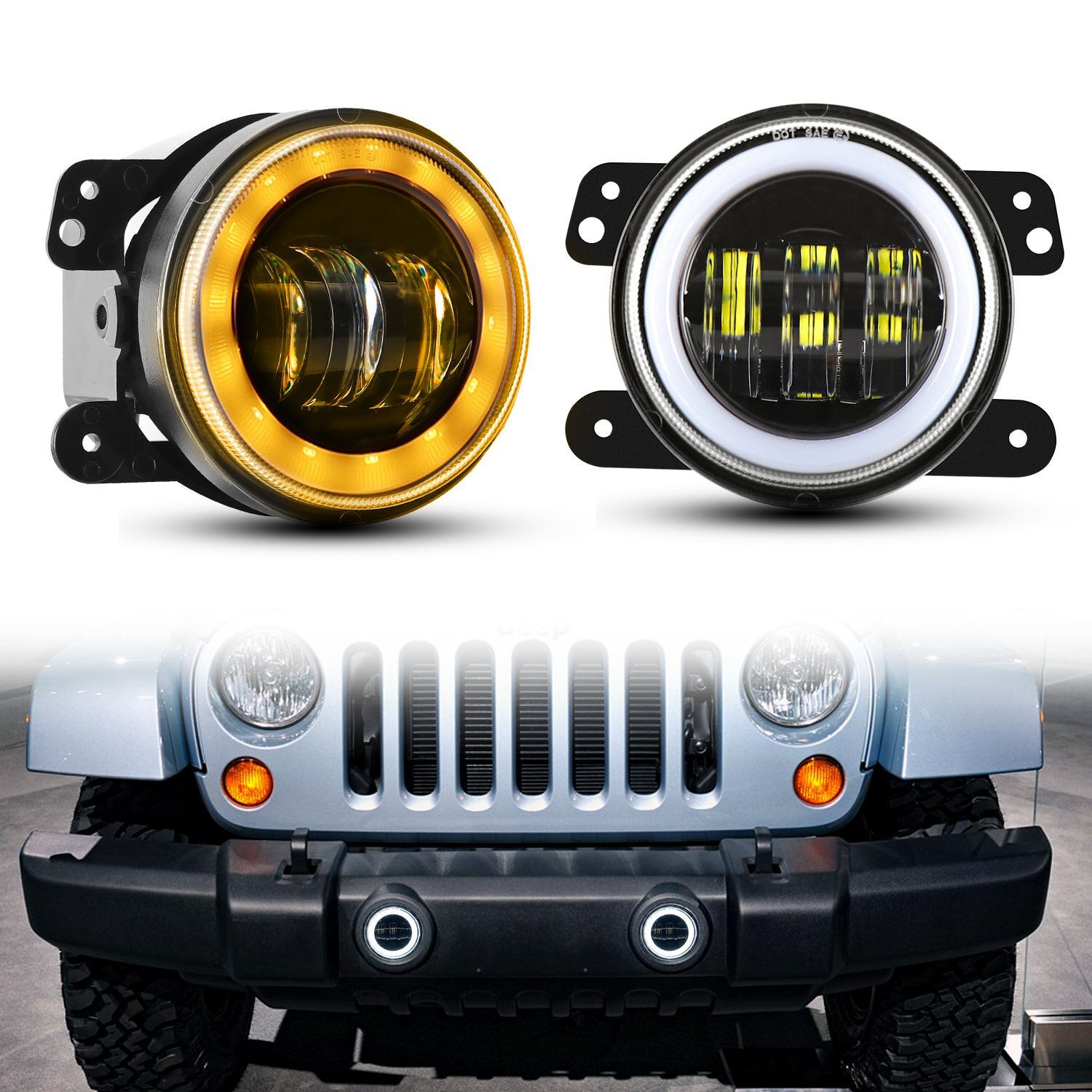 4“ Round LED Fog Lights Driving Halo Combo Kit For Jeep Wrangler JK TJ LJ Dodge