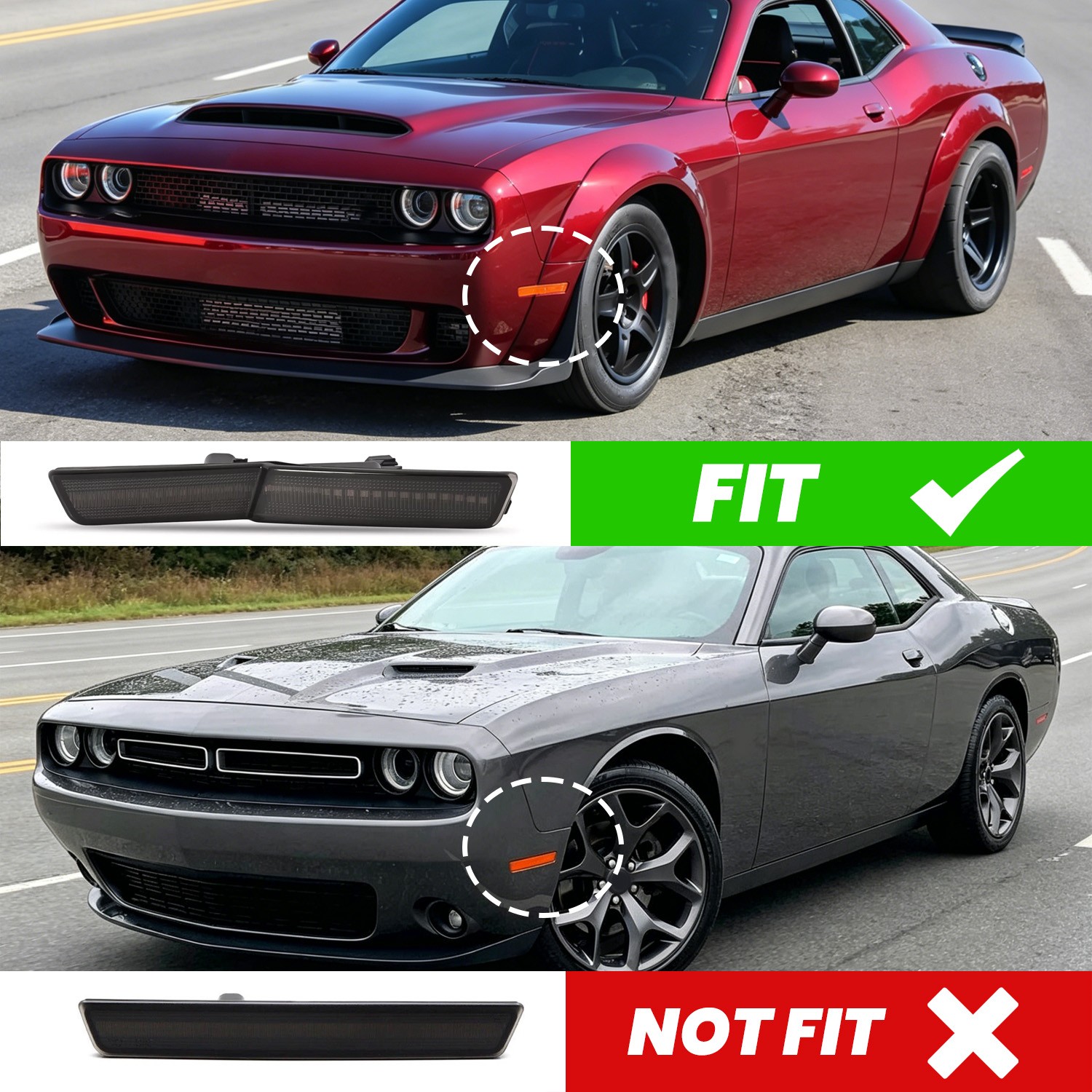 For Dodge Challenger SRT Widebody 18-22 Front&Rear Smoked LED Side Marker Light