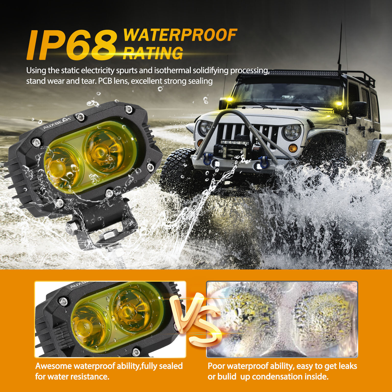 2x AUXBEAM 4″ Amber LED Pods Light Bar Flood Driving Lights + 2x Covers for Jeep
