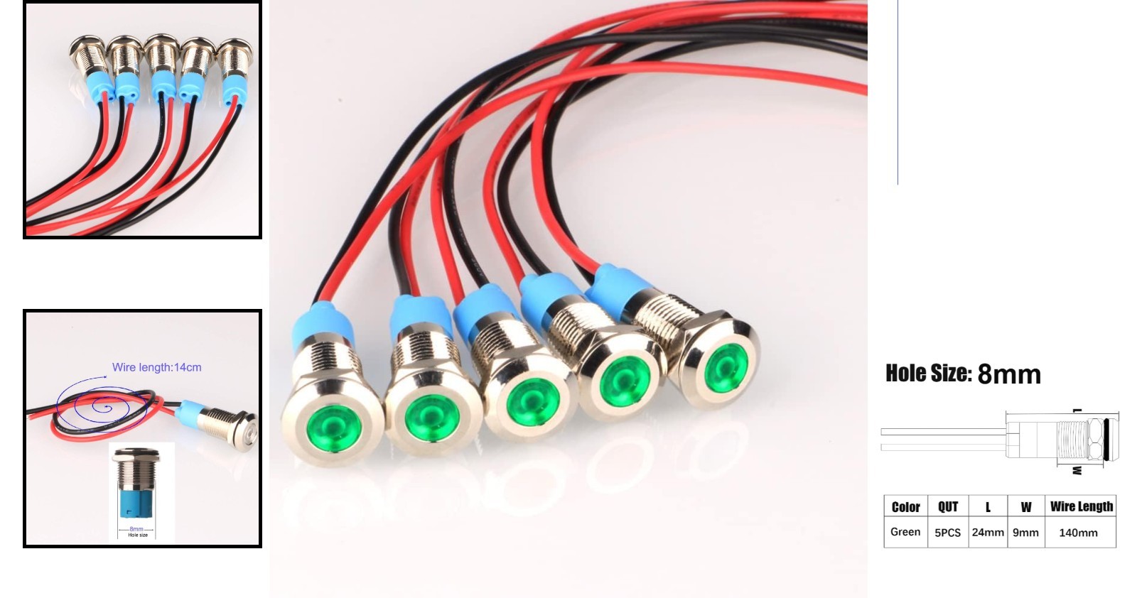 Eco-Friendly 5pcs Stainless Steel LED Indicator Lights – AC/DC 12-24V Green Glow