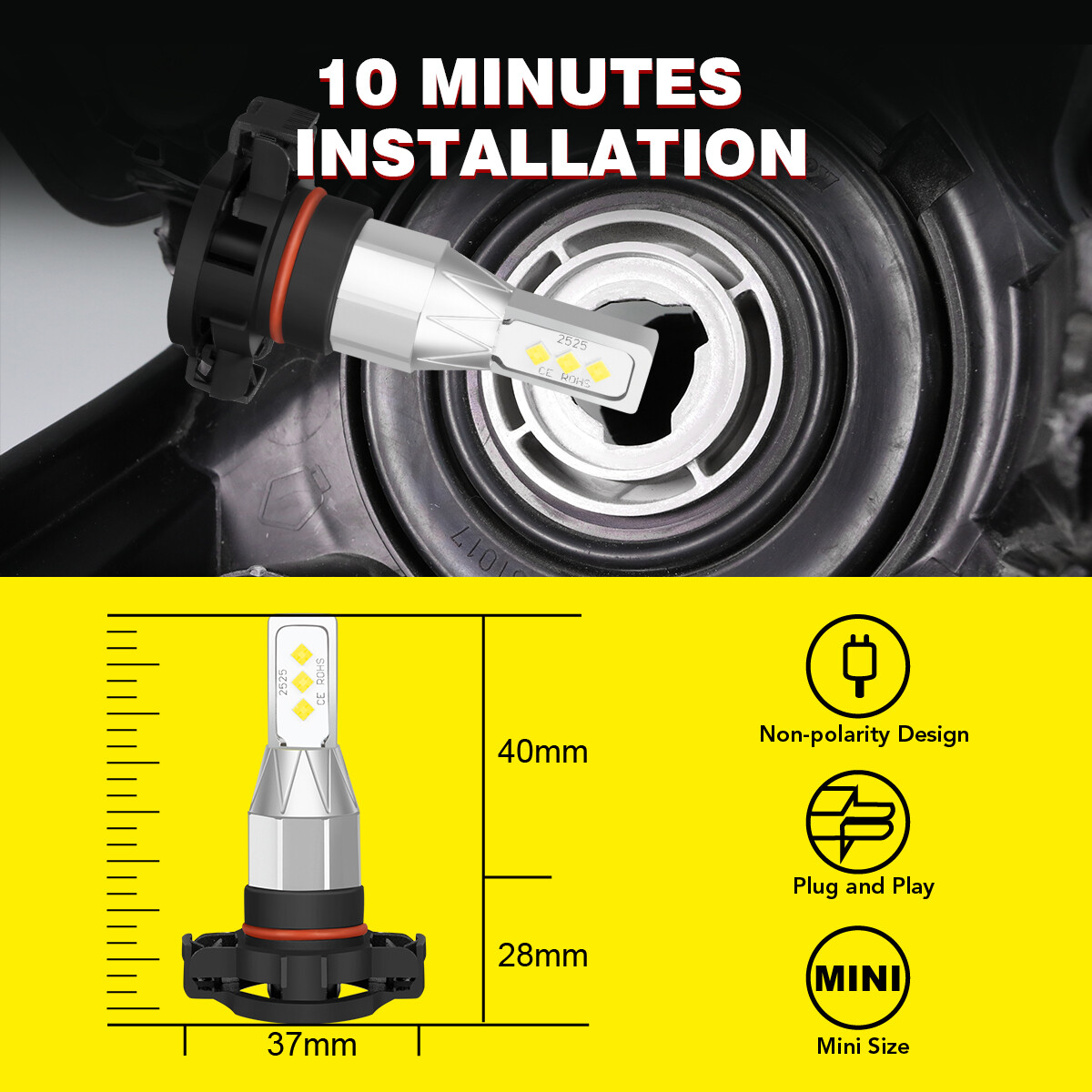 9012/HIR2 H16/5202 LED Headlight Fog Light Kit Bulbs White 6000K Plug&Play 4Pack