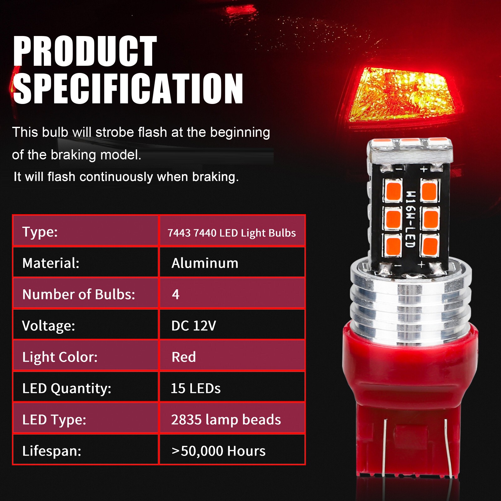 4PCS 7443 7440 LED Red Strobe Flash Blinking Brake Stop Tail Parking Light Bulbs
