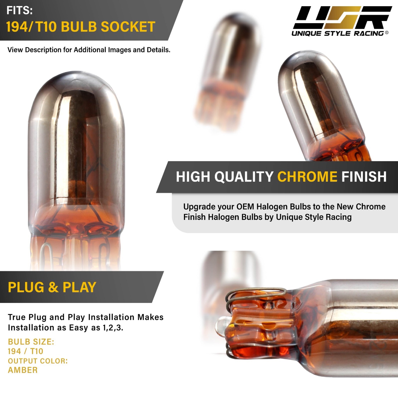 2825 / 168 / 194 / W5W / T10 Stealth Chrome Amber Halogen Bulbs Pair