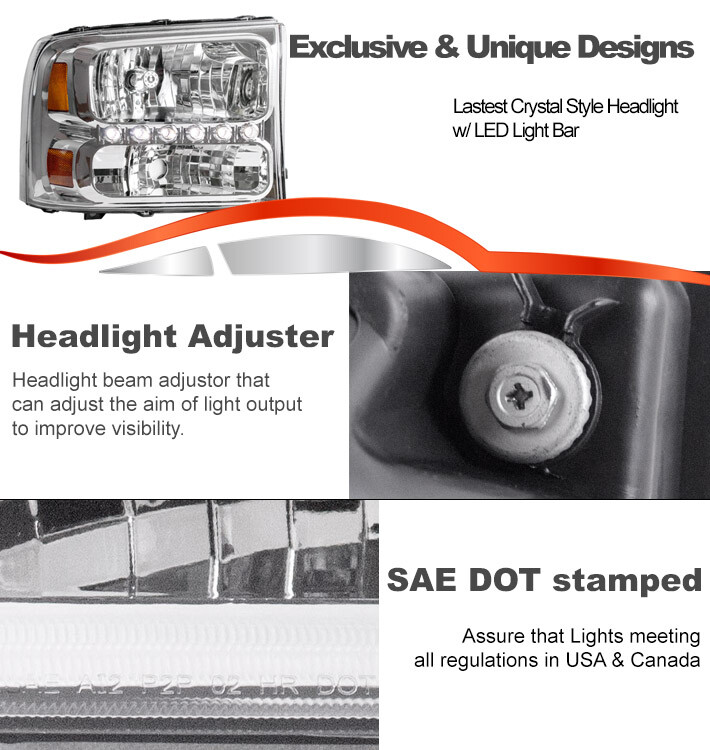 FOR 99-04 FORD F250 F350 SD/00 EXCURSION CRYSTAL LED CHROME HEADLIGHTS HEADLAMPS