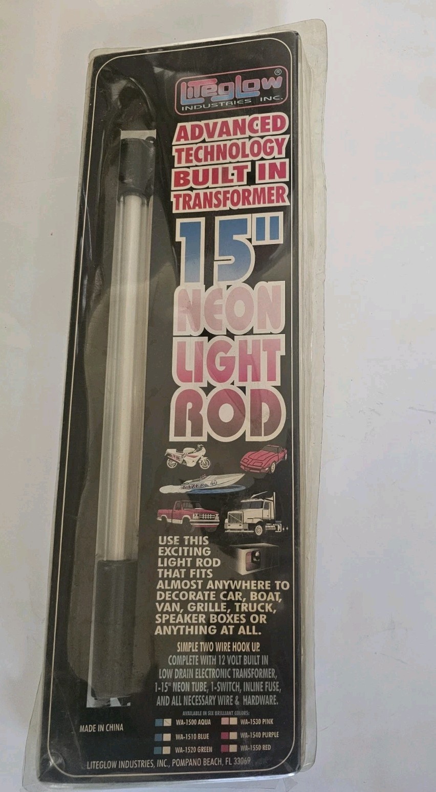 NOS Vintage LITEGLOW AQUA 15″ Neon Light Rod Built In Transformer 12 Volt