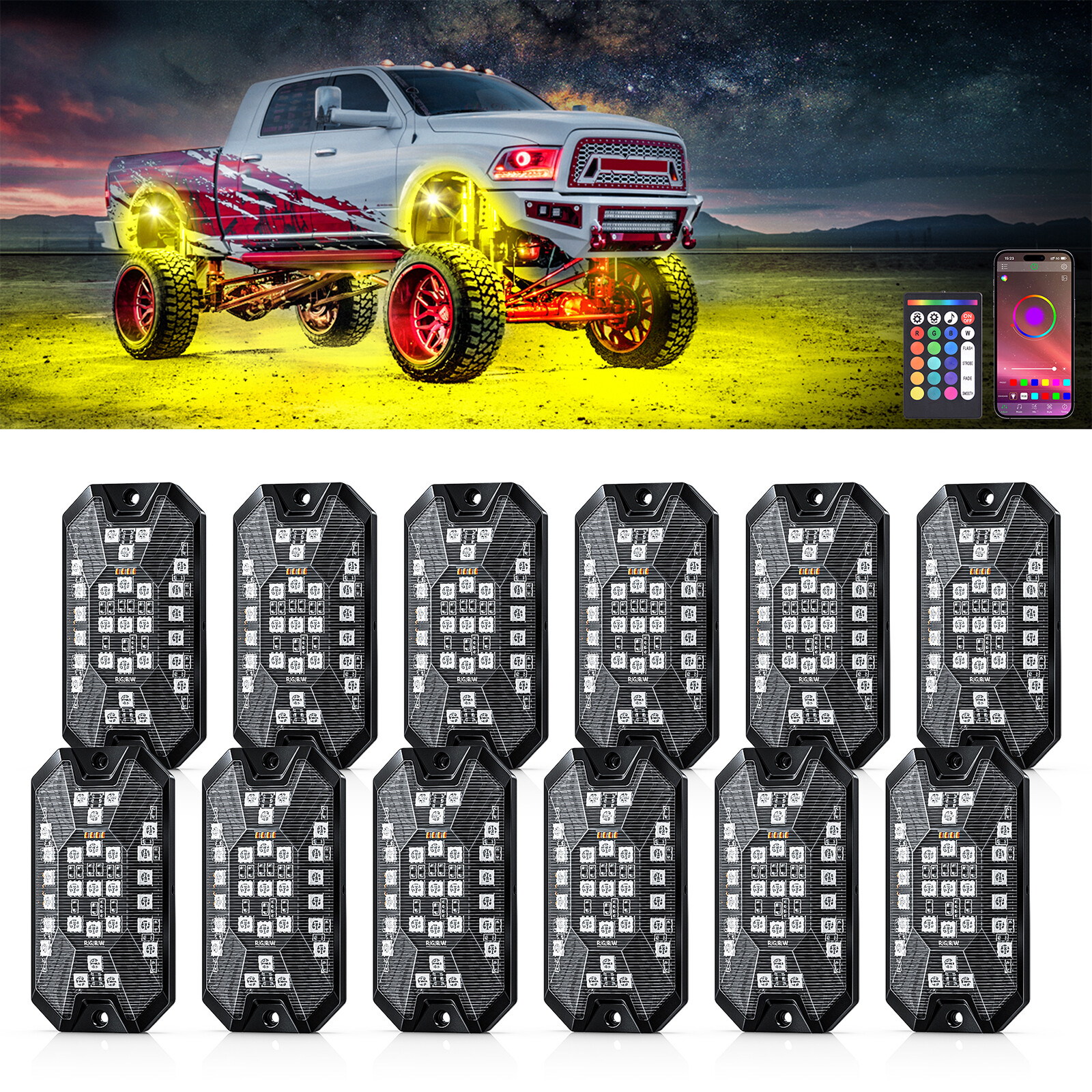 12 Pods Full Angle RGBW LED Rock Lights Wheel Well Lights APP/RF Remote Control