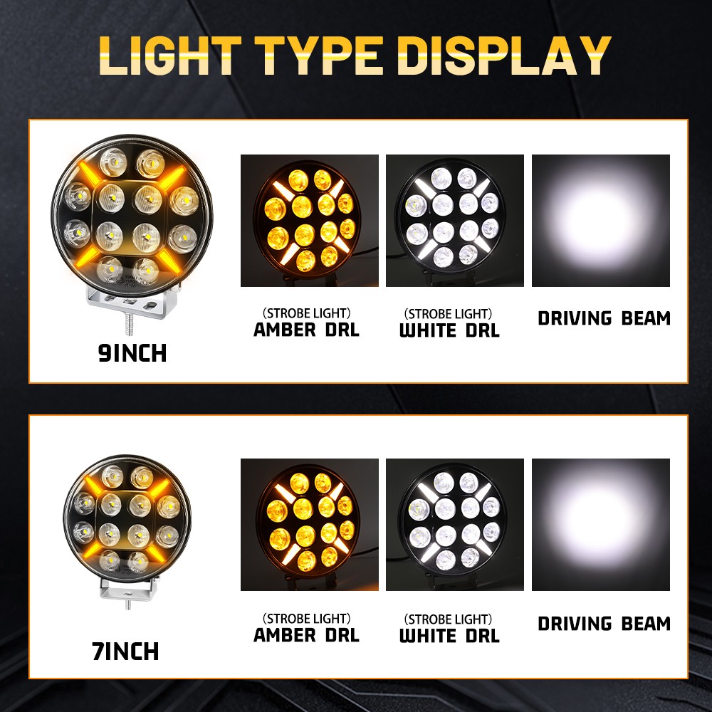 2X 9Inch Round LED Spot Light Strobe White & Yellow DRL Driving Beam For Truck