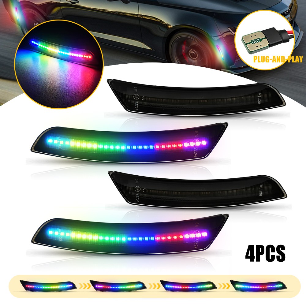 4PC Smoked Left Right Flowing LED Side Marker Lights For Chevy Camaro 2016-2023