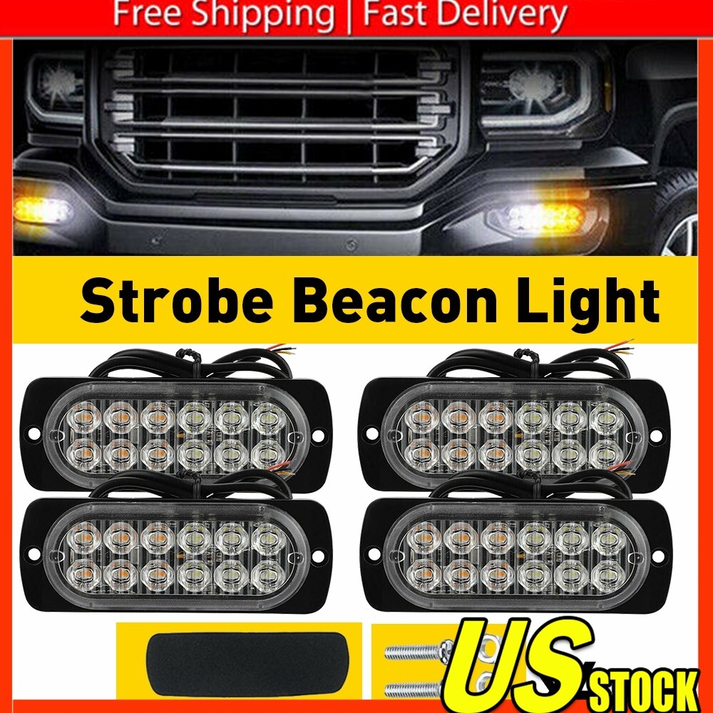 4xStrobe Amber 12-LED Car Truck Beacon Warning Hazard Flash Light Bars