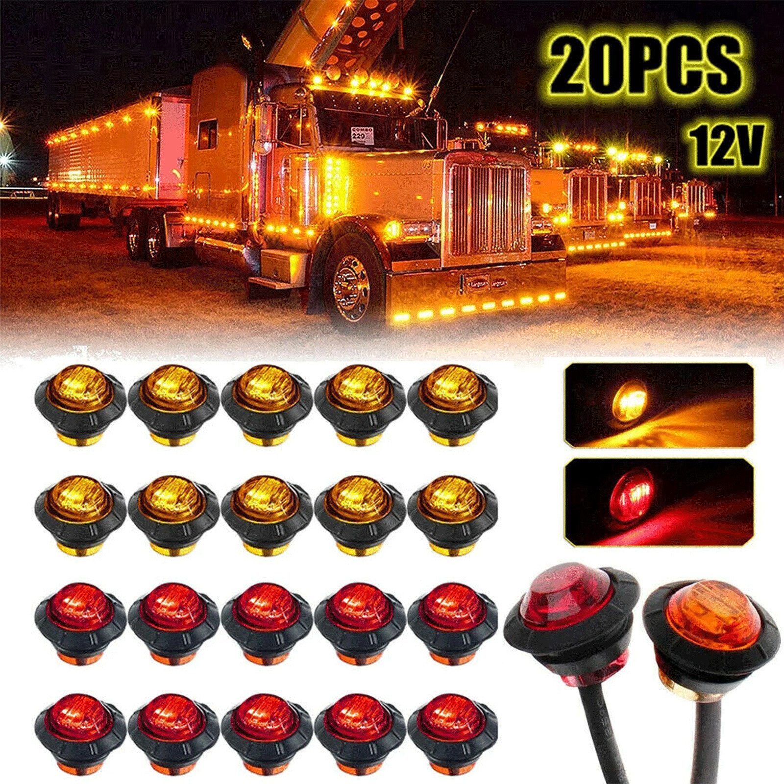 20X 3/4″ 12V Marker LIGHTS LED Bullet Amber Red Truck Trailer RV Round Side Lamp