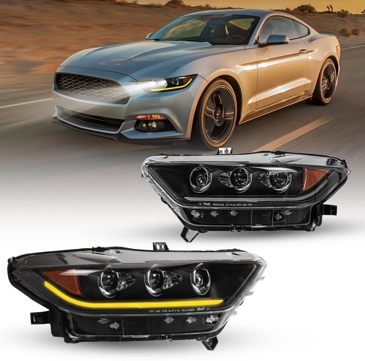For 2015 2016 2017 Ford Mustang Headlights DRL LED Sequential Projector Headlamp