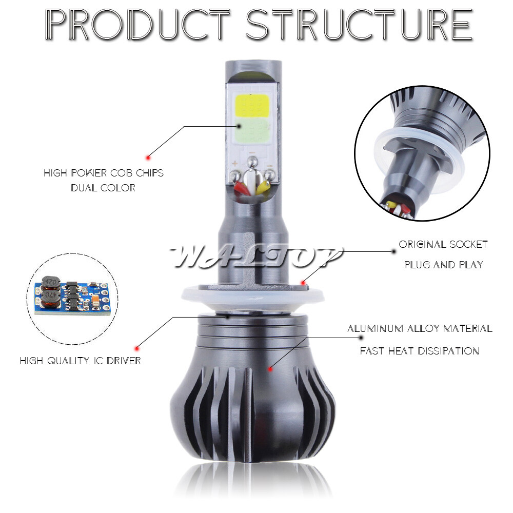 880 899 2-Mode LED Fog Light Bulbs Dual Color Still / Flash 6K White + 3K Yellow