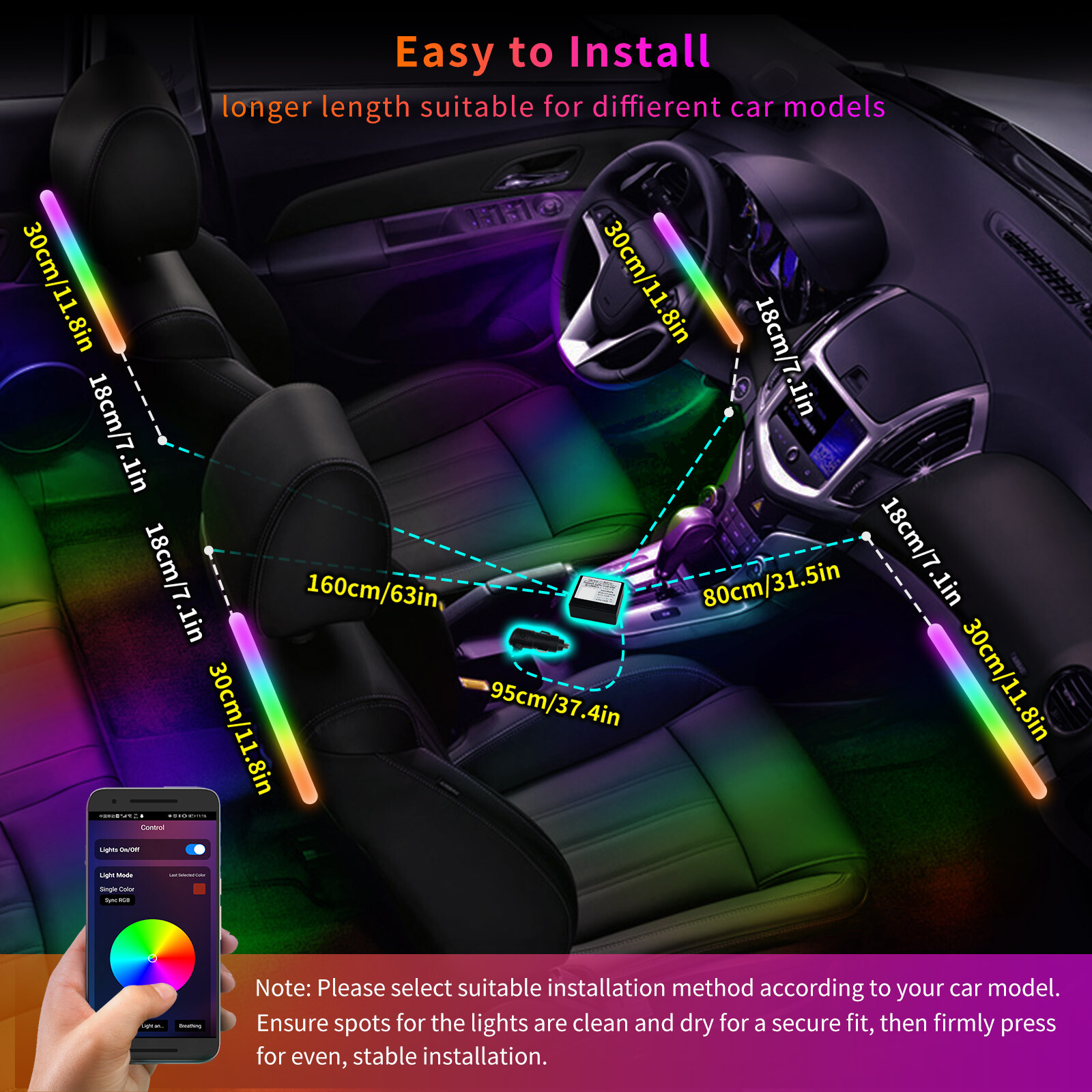 ATOTO Car 160 LED RGB Light Smart Interior Light w App Control,DIY 21 Music Mode