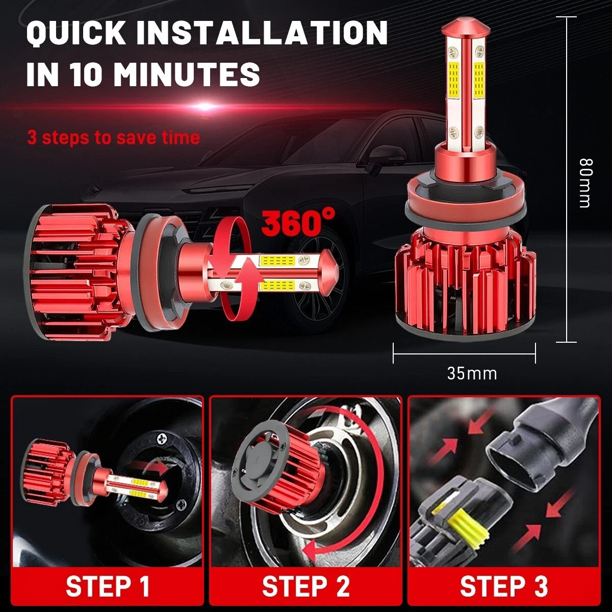 4-Sides H11 LED Headlight Kit Low Beam Bulb Super Bright 6500K White 1000000LM