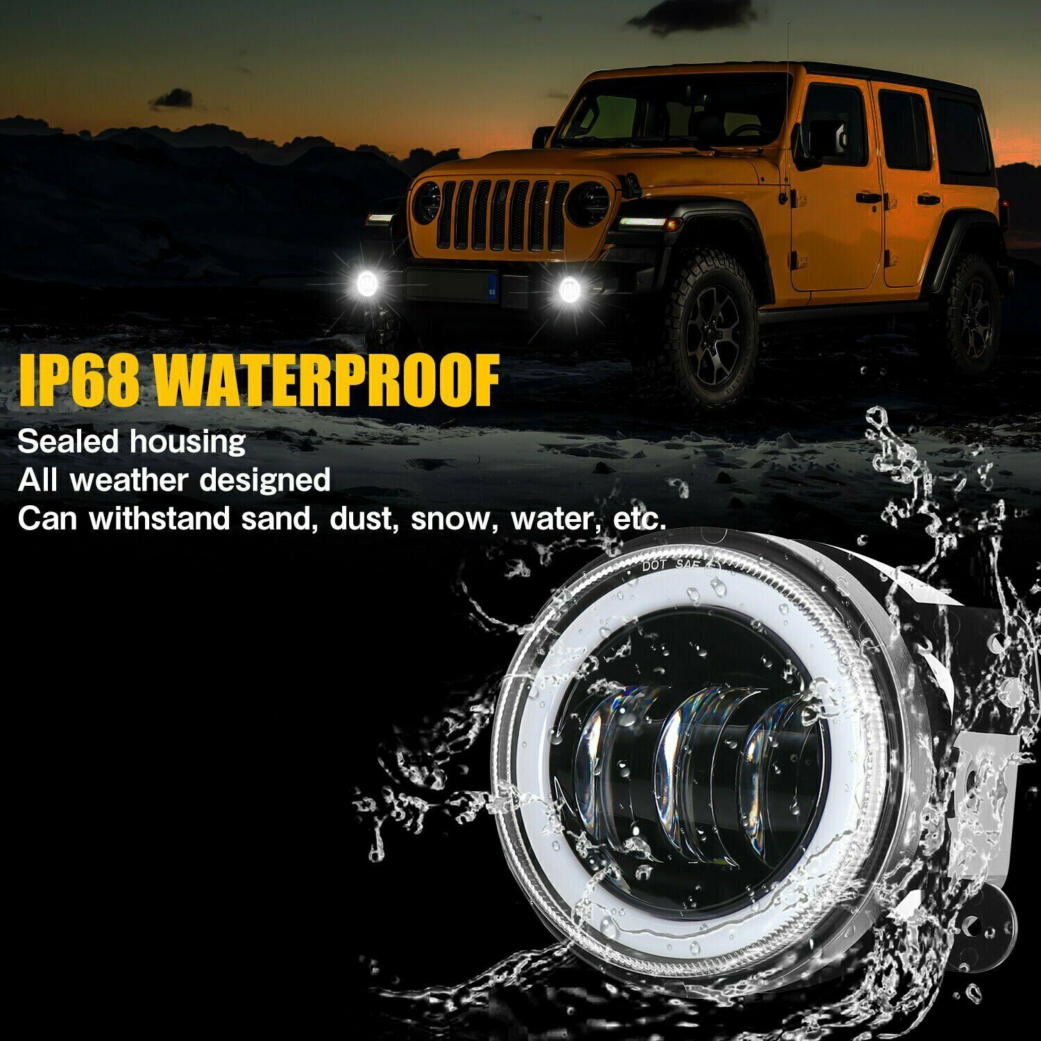 4“ Round LED Fog Lights Driving Halo Combo Kit For Jeep Wrangler JK TJ LJ Dodge