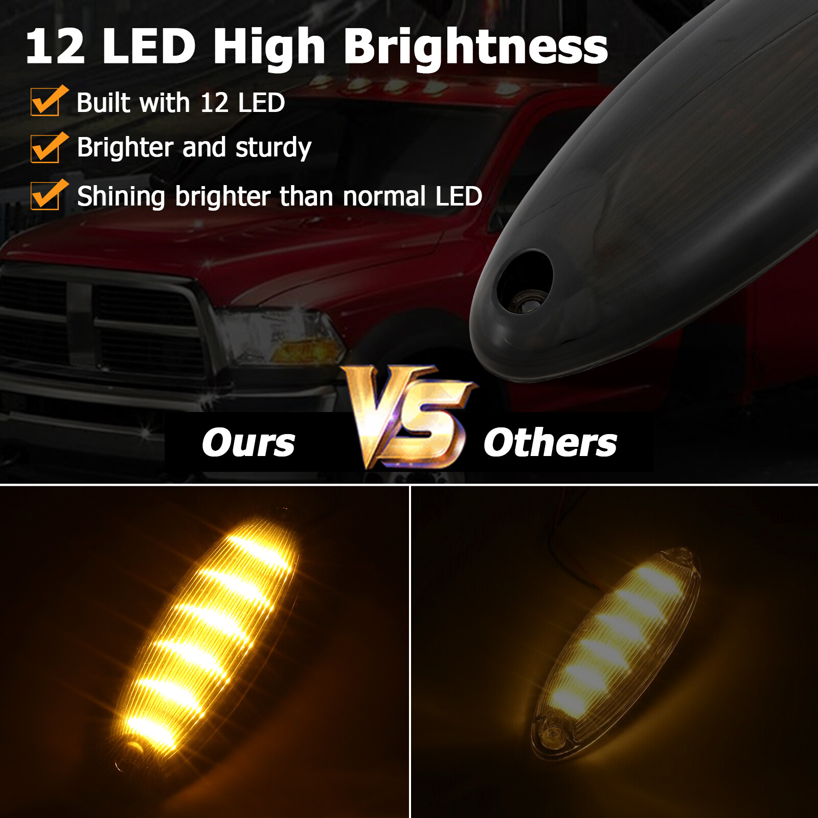 5pcs Amber 12LED Roof Cab Marker Clearance Lights for Peterbilt/Mack Semi Truck