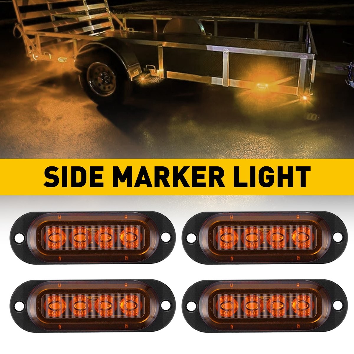 4pcs 4-LED Side Amber Marker Lights Clearance Light Turn Trailer Signal Lamp