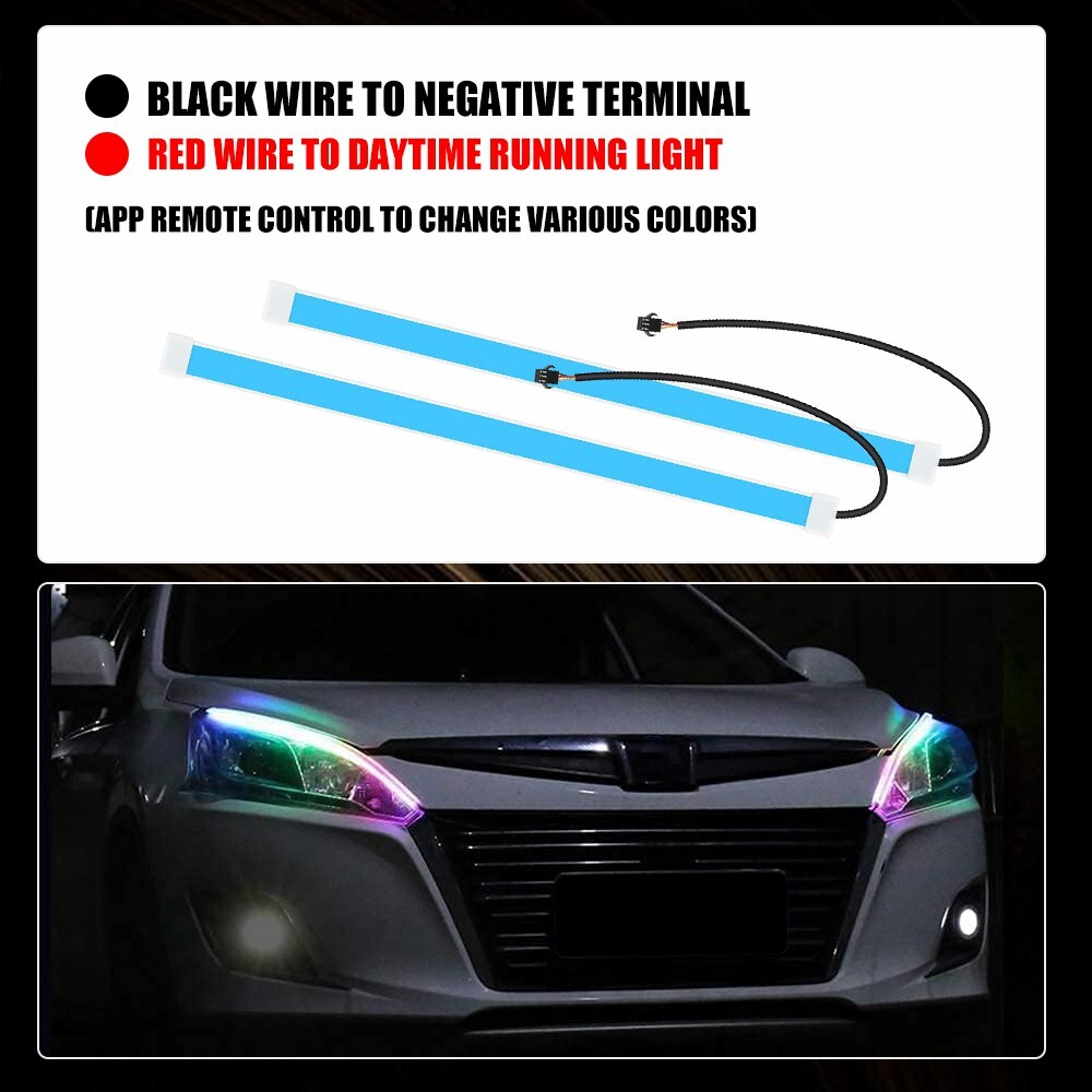2x Car Headlight 60cm APP RGB Slim Sequential Flexible LED DRL Turn Signal Strip