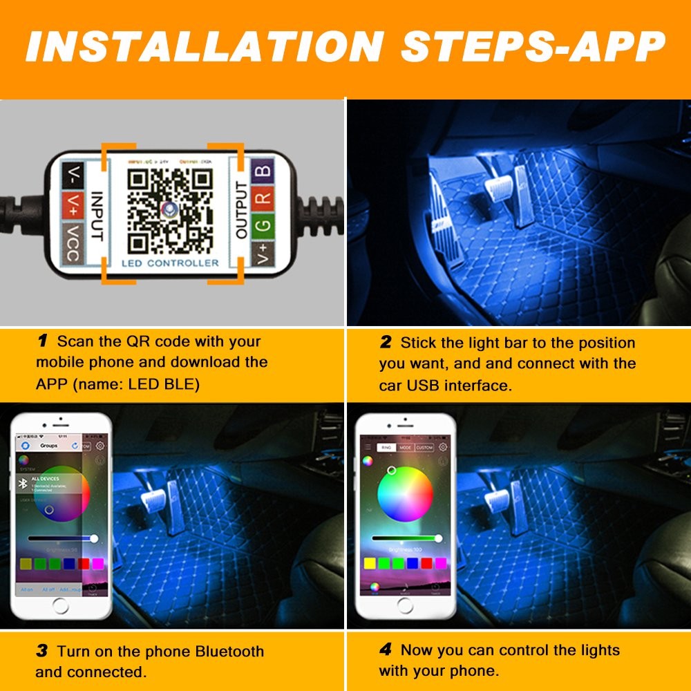 1T4 LED RGB Glow Interior Lamp Under Dash Footwell Seats Inside Lighting APP AAA