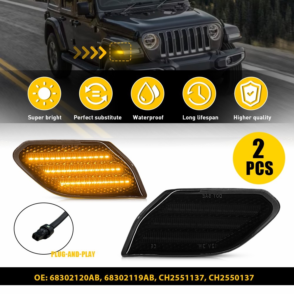 2Pcs Front Left Right Smoked LED Fender Side Marker Lights For 18+ JL / 20+ JT