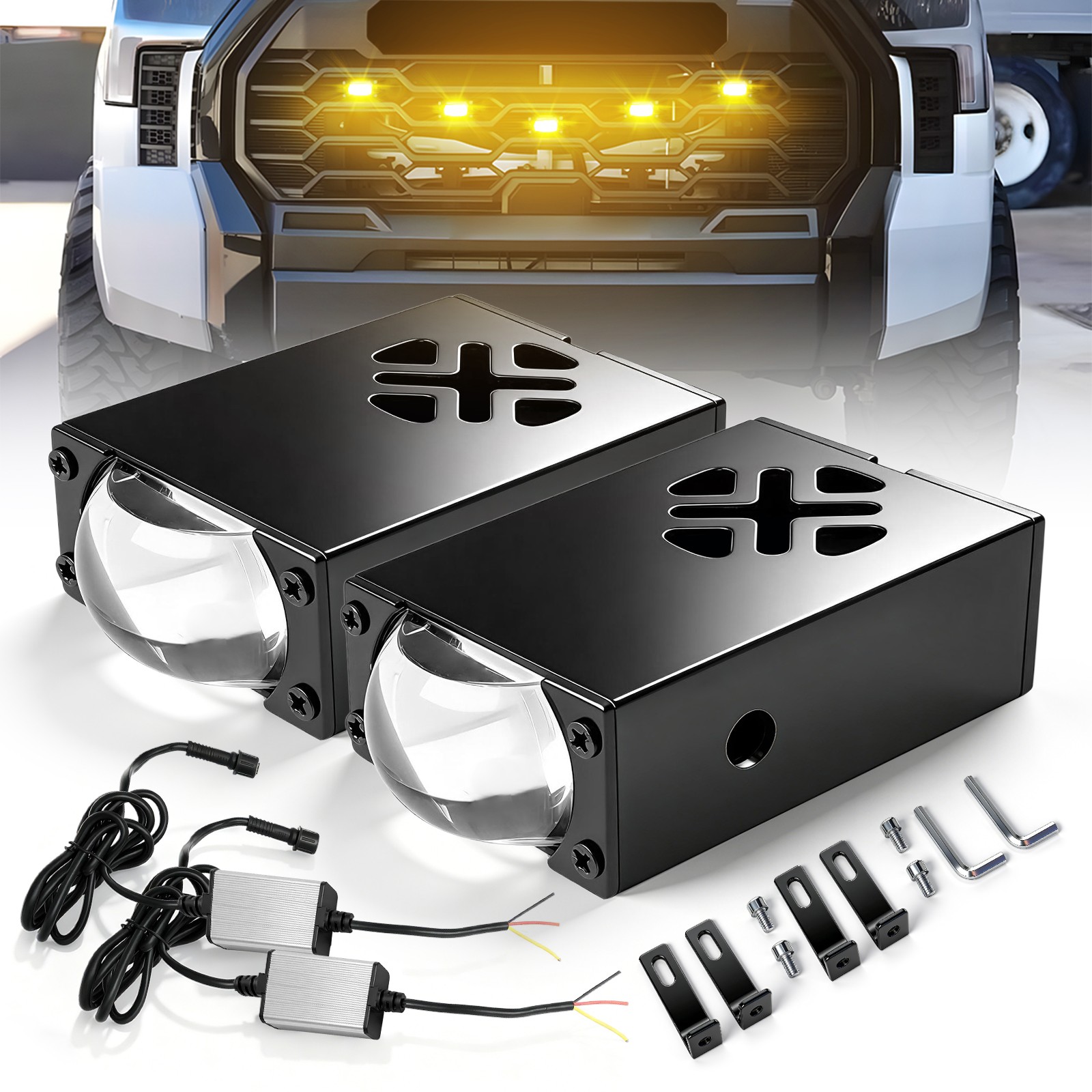 Grile LED Headlight Bumper Projector Lens Car ATV UTV Fog Offroad 16000LM +Fan