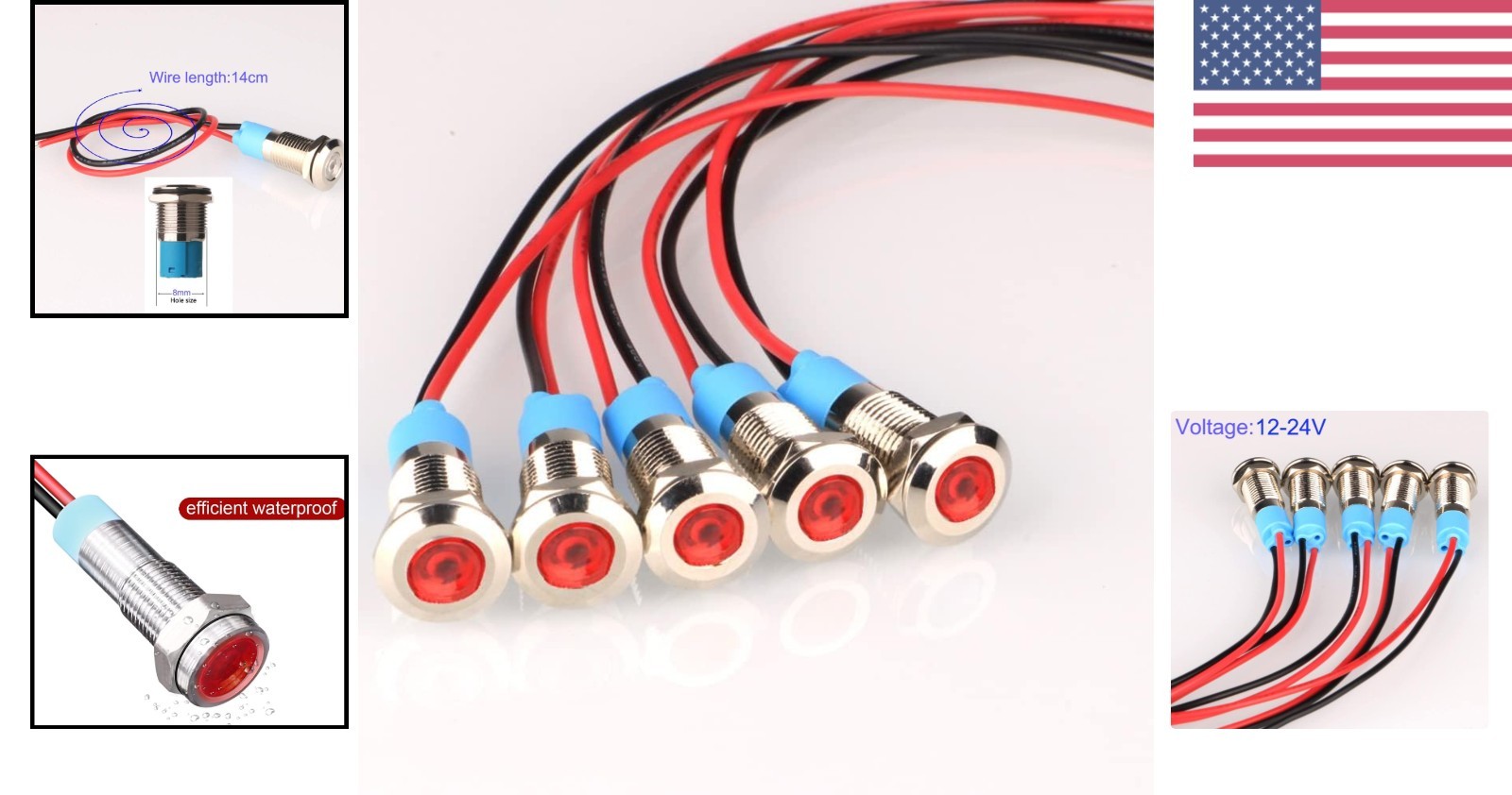 5pcs LED Metal Indicator Light Red AC/DC 12-24V Waterproof Signal Lamp