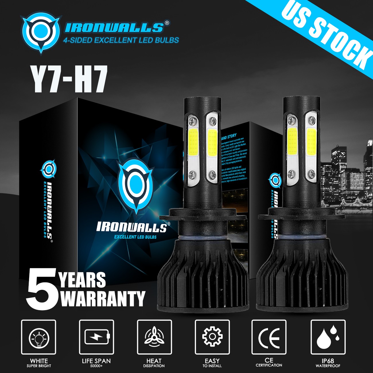 4-Sides H7 LED Bulbs Headlight Super Bright White 360000LM High/Low Beam 6500K