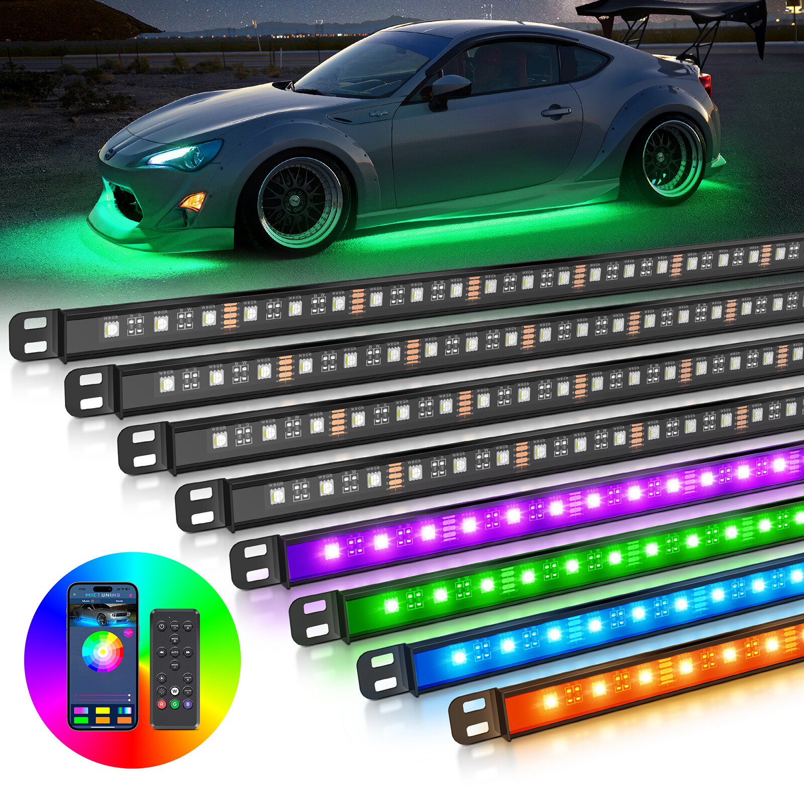 8Pcs Car RGBW LED Underglow Lights Strips Aluminum Housing App & Remote Control