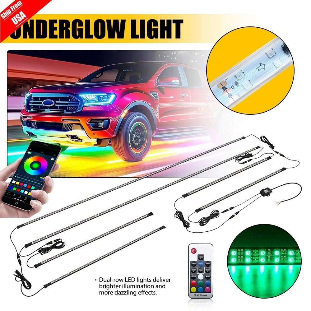 Double Row CHASING 2X 4FT +2X 6.5FT RGB Underglow Light Strips for Car Truck SET