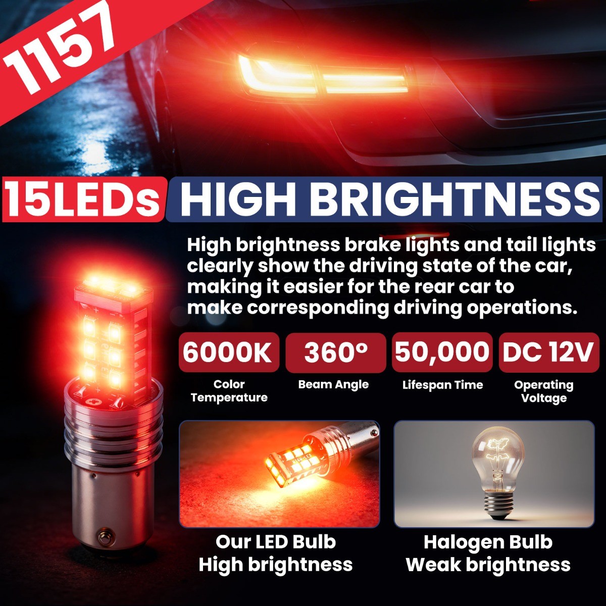 2X 1157 LED Safety Brake Stop Tail Parking Light Bulb 6000K Bright Red Lamp 16W