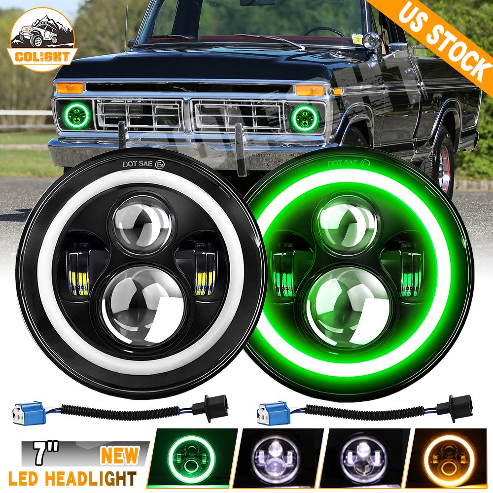 Pair 7Inch LED Headlights Green Halo For 1953-1977 Ford F-100 F-250 F-350 Pickup