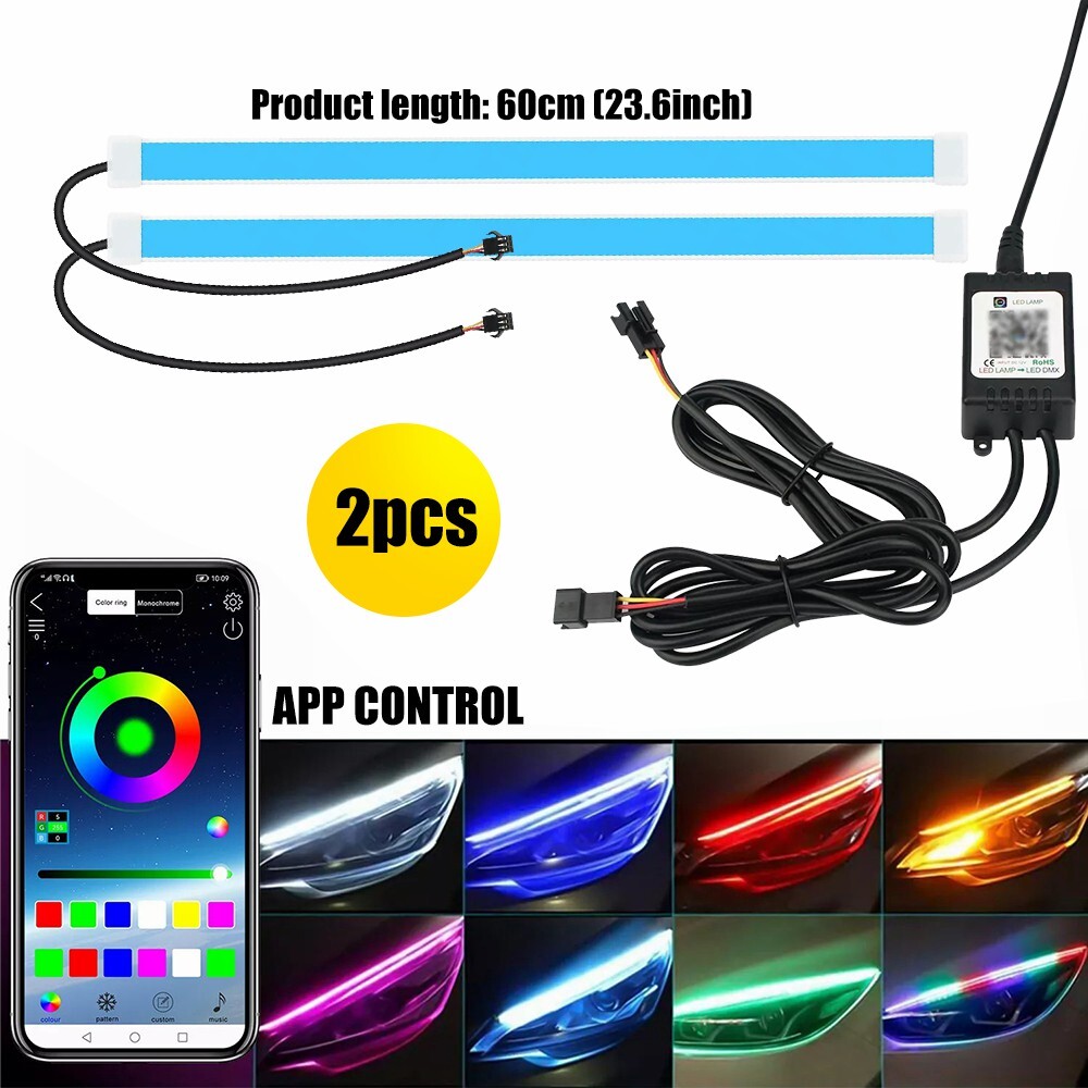 2x Car Headlight 60cm APP RGB Slim Sequential Flexible LED DRL Turn Signal Strip
