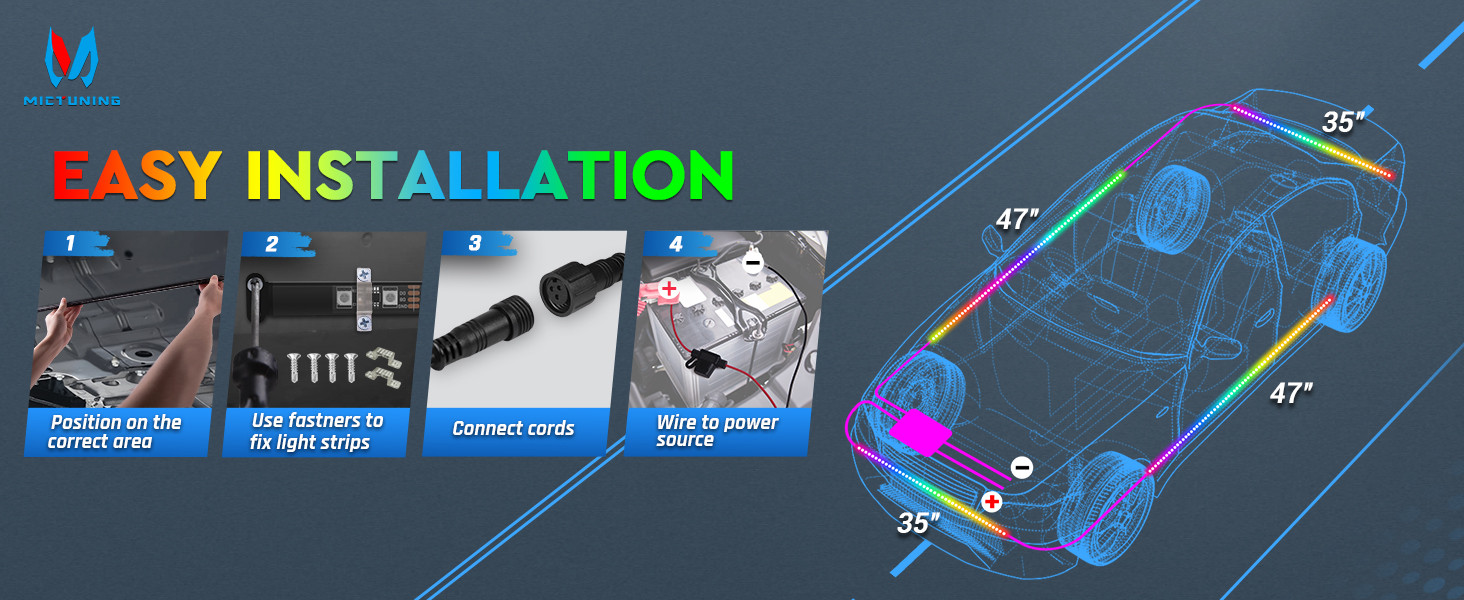 MICTUNING RGB+IC LED Car Underglow Light Kit Chasing Color Underbody Light Strip