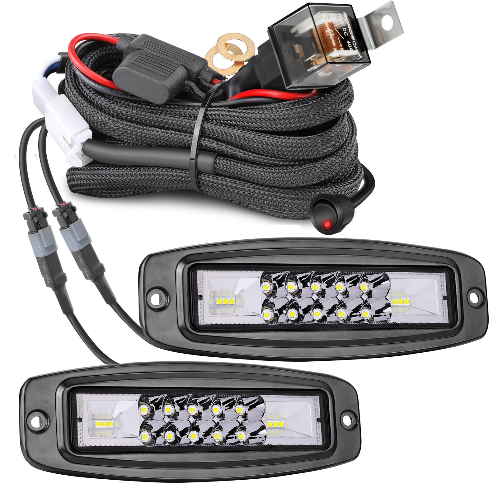 2Pcs 7″ 80W Flush Mount LED Pods Work Light Bar Combo Driving Fog + Plug Wiring