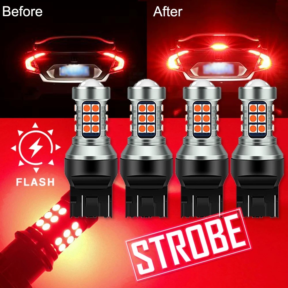 4X 7443 7440 LED Strobe Brake Light Bulbs Pure Red Flash Stop Tail Light