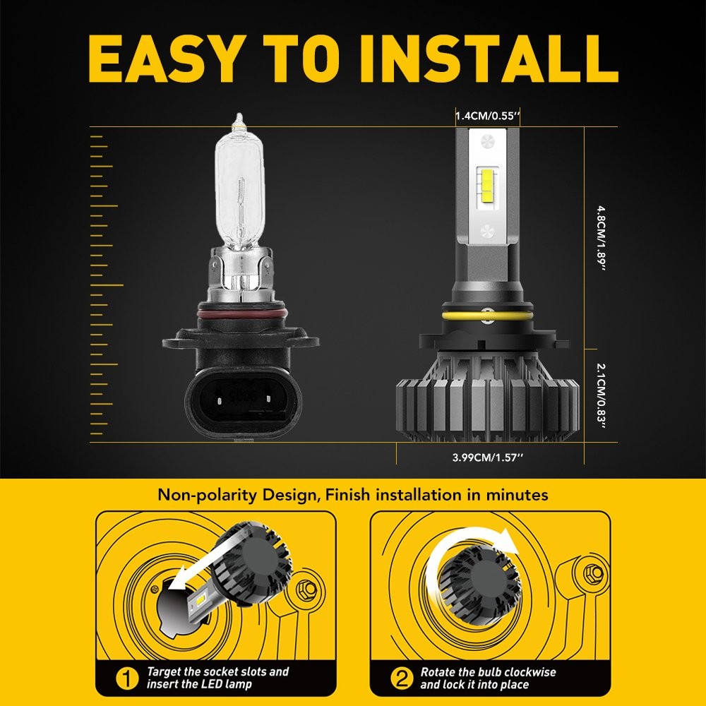 2Pcs 9006 LED Headlight Bulb HB4 High Low Beam 10000LM 6500K White Plug and Play