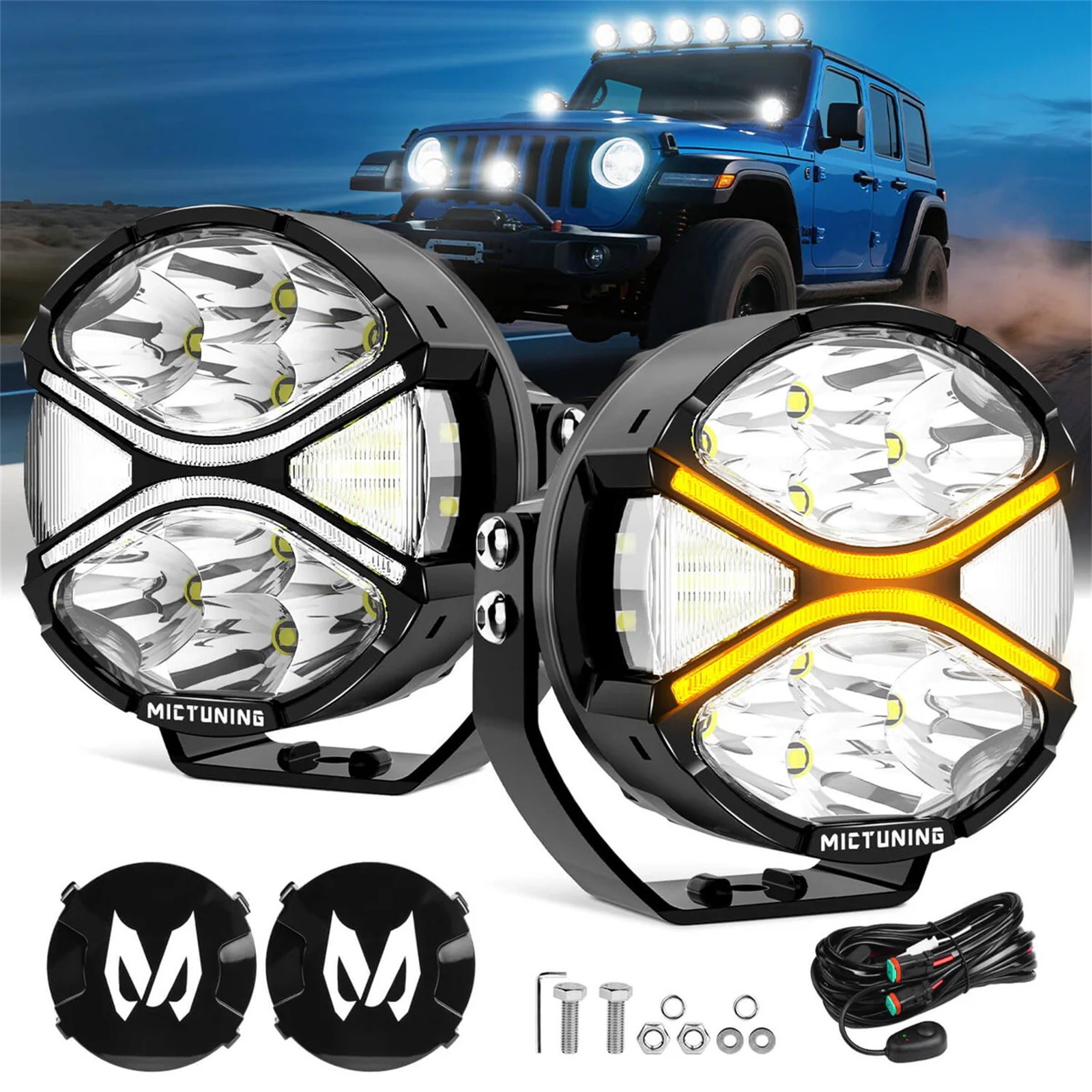 4 Inch 160W LED Round Light Pods 270° Side Shooter w/White DRL Amber Turn Signal