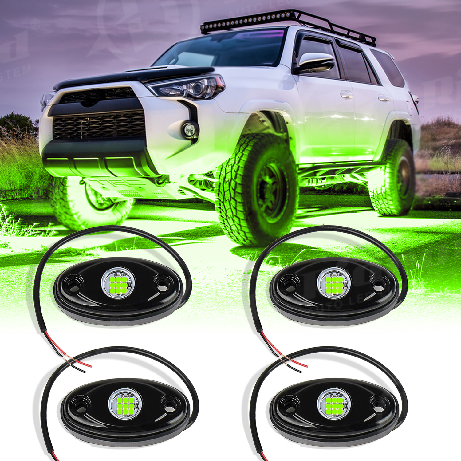 4X Green LED Rock Lights Underbody Glow Pods for Harley Honda Yamaha Motorcycle