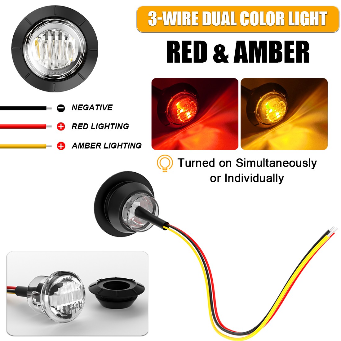 Dual Color 3/4″ 12V Marker Lights LED Truck Trailer Round Side Bullet Light 10pc