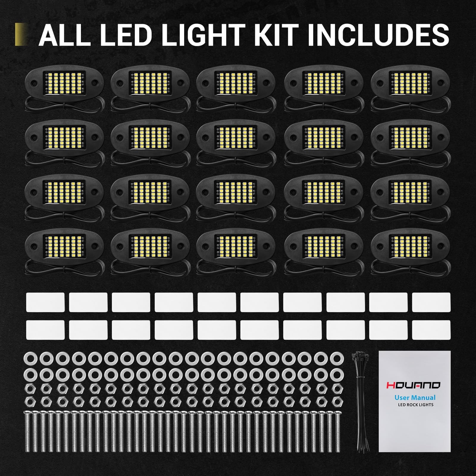Hovano 20 Pods White Rock Lights 6000K LED Neon Underglow IP68 Waterproof
