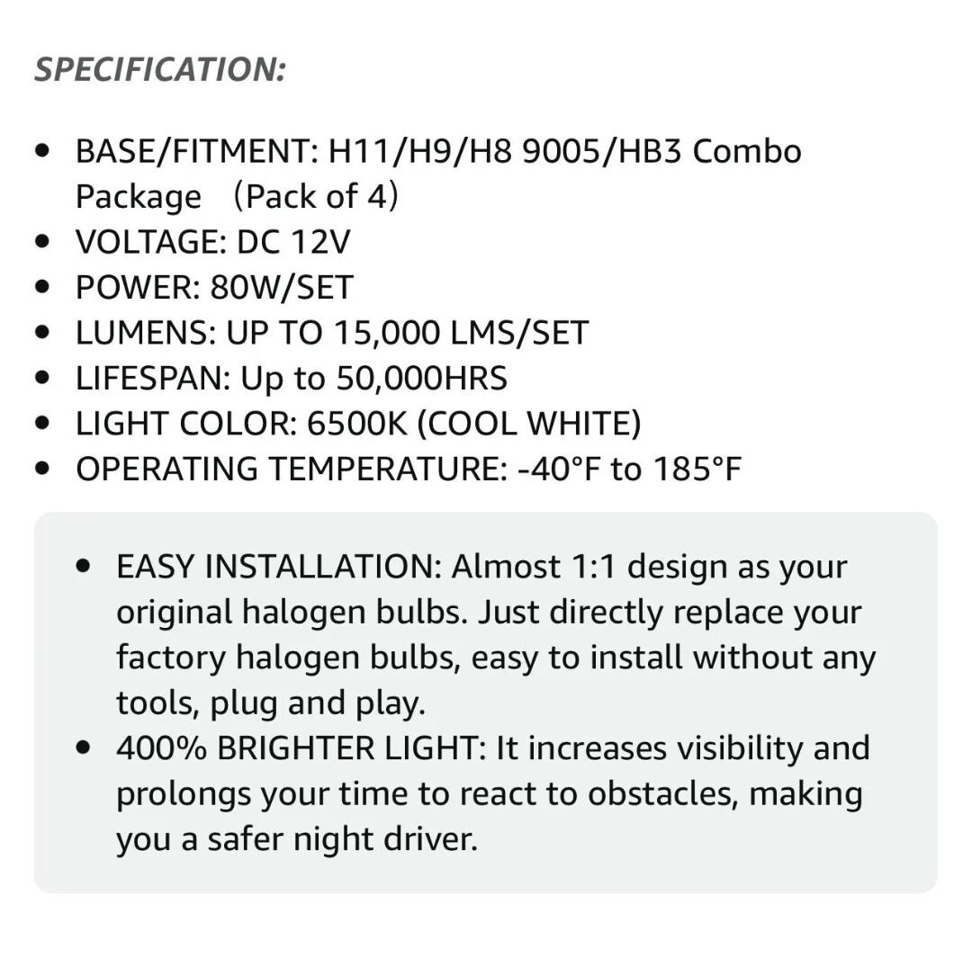 NEW Rindor H11/H9/H8 Low/High Beam 9005/HB3 Beam LED Headlight Bulb 4 Pack