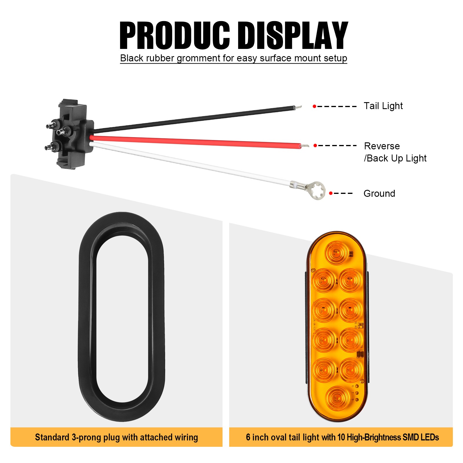Amber 6″ Oval Trailer Lights 10 LED Stop Turn Tail Truck Sealed Grommet Plug DOT