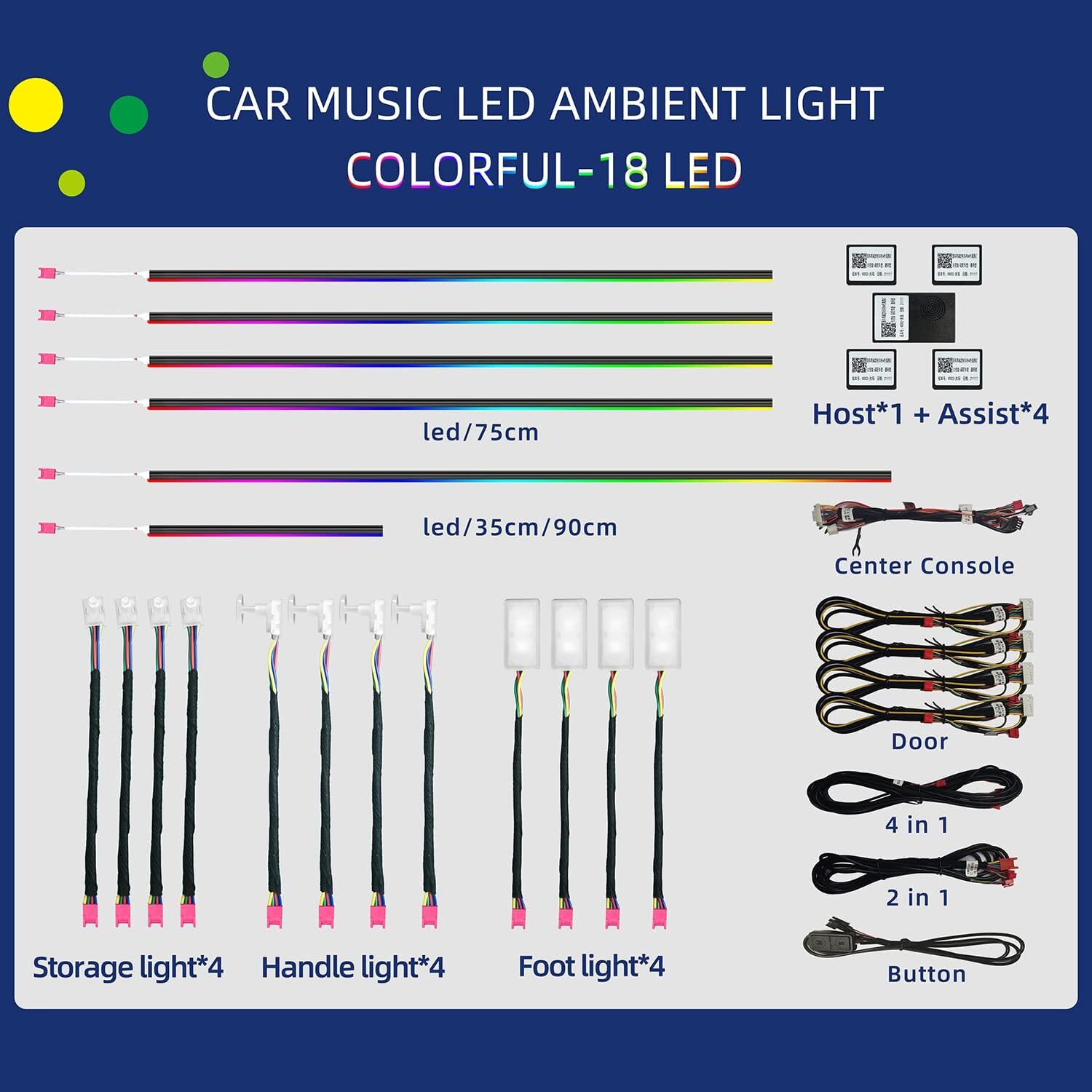 18-in-1 64 Colorful Symphony Car Ambient Interior LED Strip Lights APP Control
