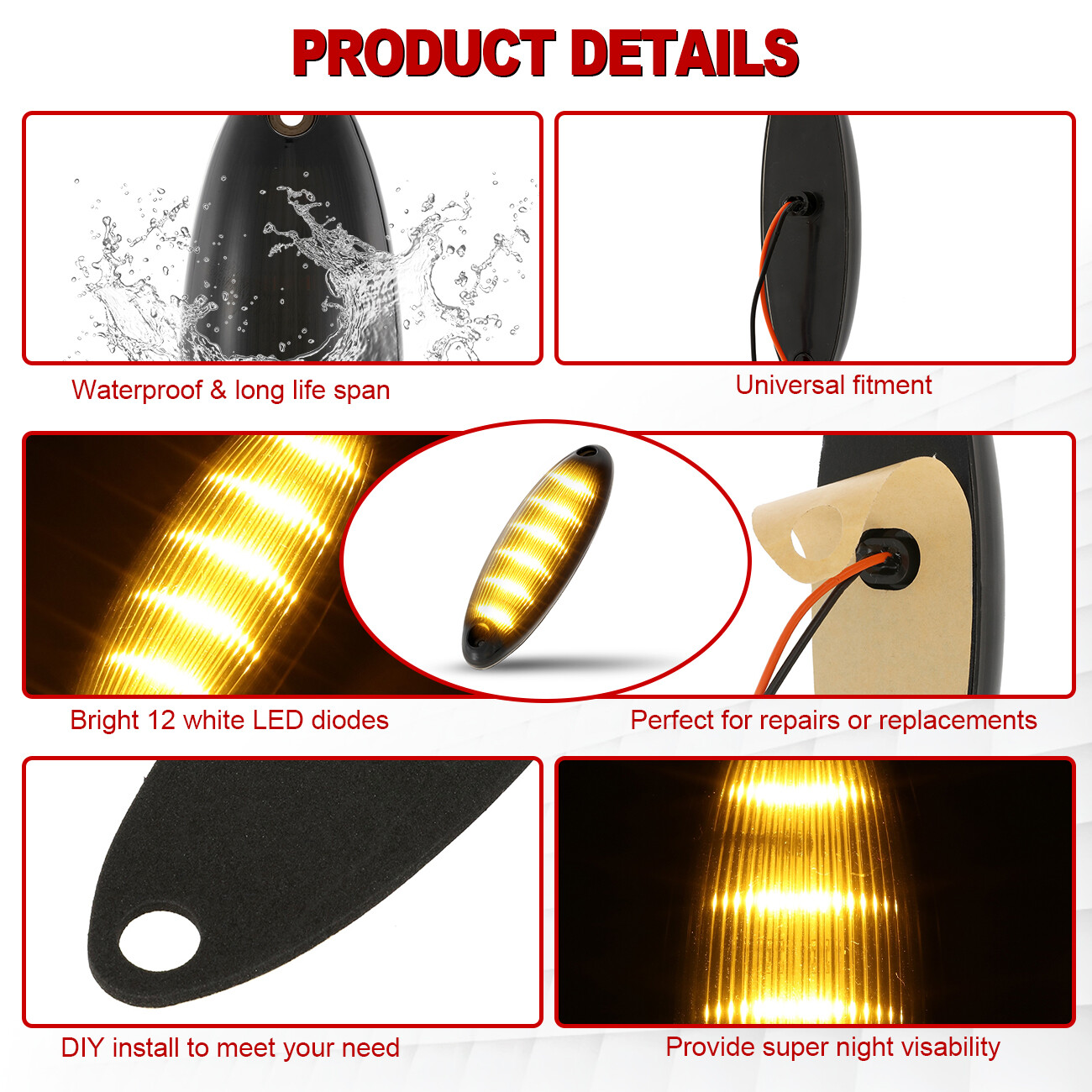 5pcs Amber 12LED Roof Cab Marker Clearance Lights for Peterbilt/Mack Semi Truck