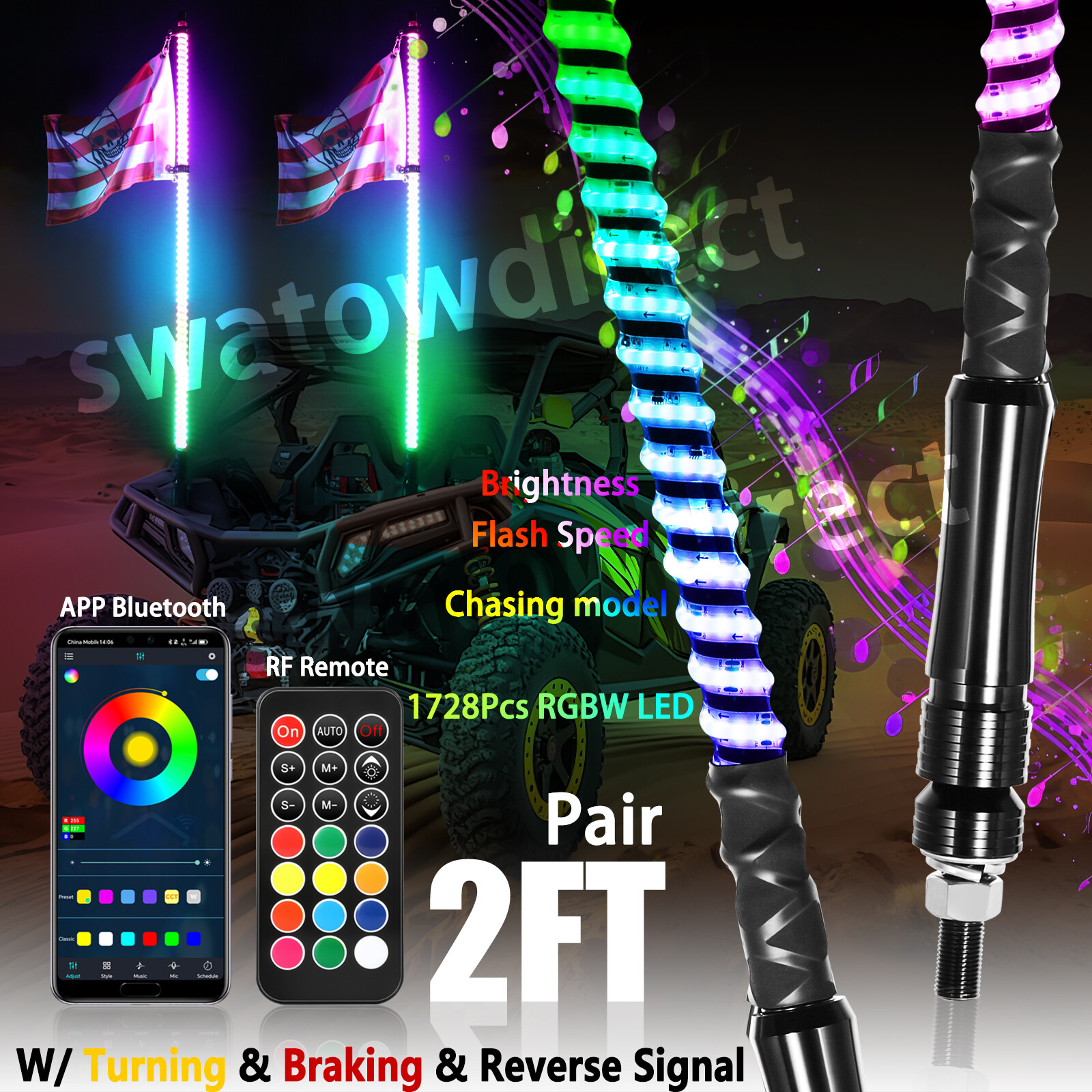 For Can-am Maverick X3 Pair 2FT Spiral RGB LED Whip Lights Wireless APP & Remote